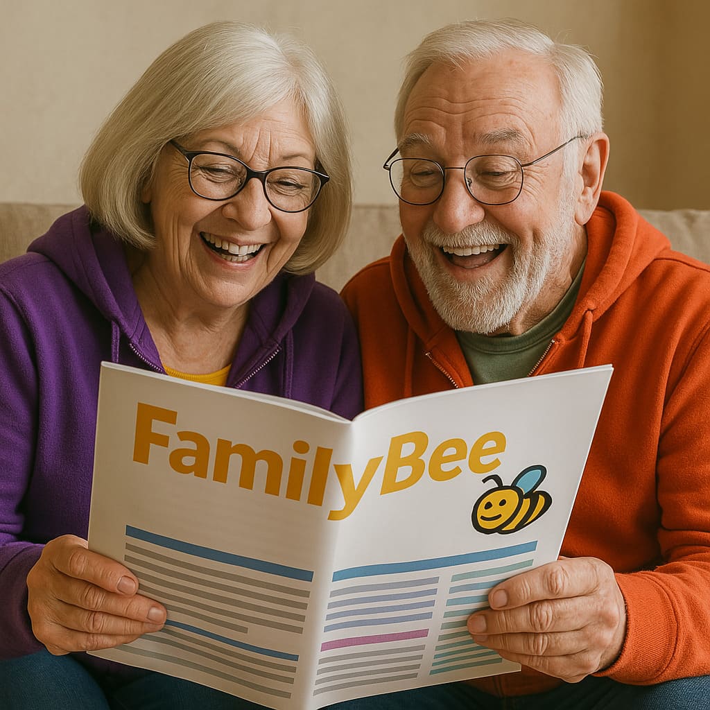 Dziadkowie z rodzinną gazetką FamilyBee – prezent od wnuków