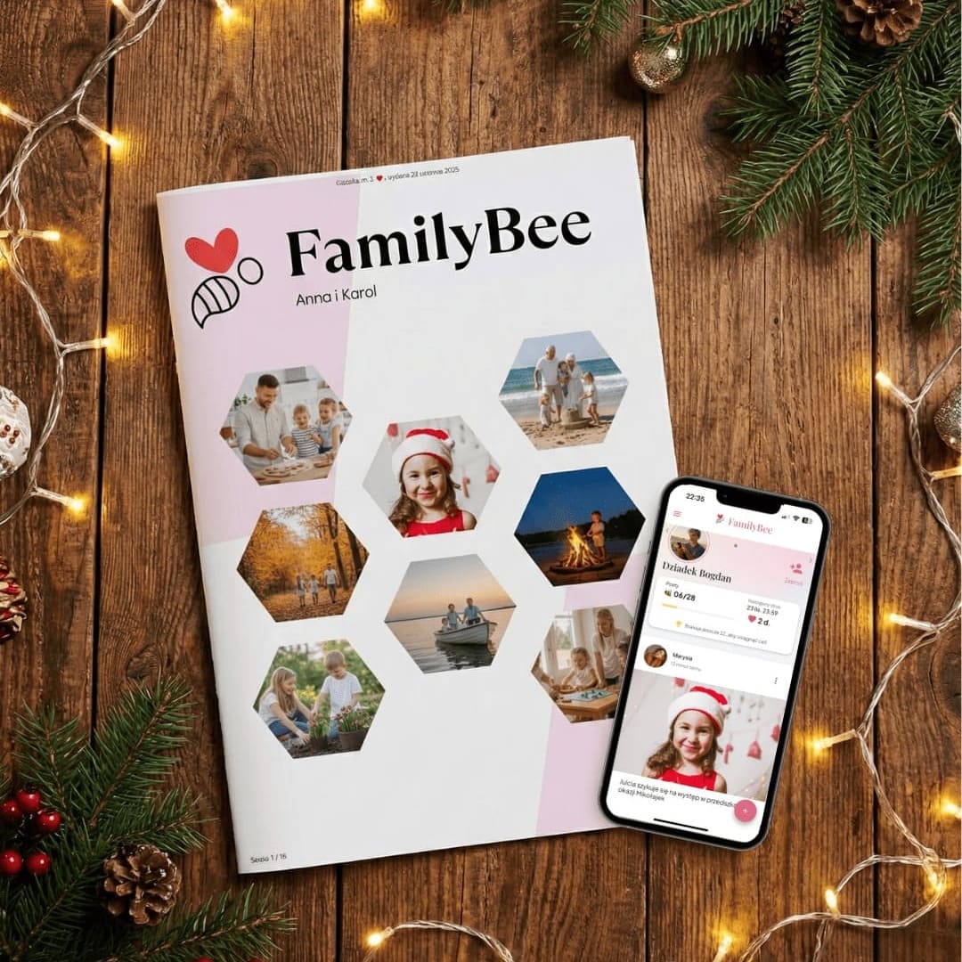 Prezent świąteczny dla dziadków - drukowana gazeta rodzinna FamilyBee ze zdjęciami i aplikacją mobilną