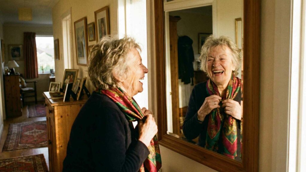 Elegancki babci - szczęśliwa seniorka wiąże stylowy szal przed lustrem.