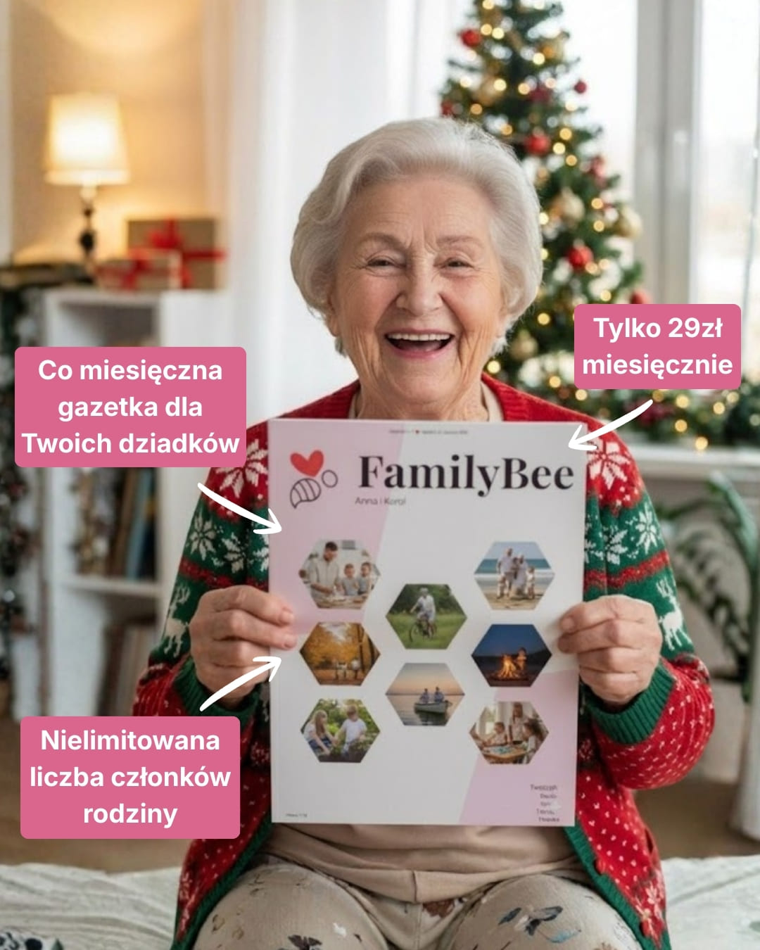 Idealny prezent na święta dla babci – personalizowana gazetka FamilyBee ze zdjęciami rodzinnymi.