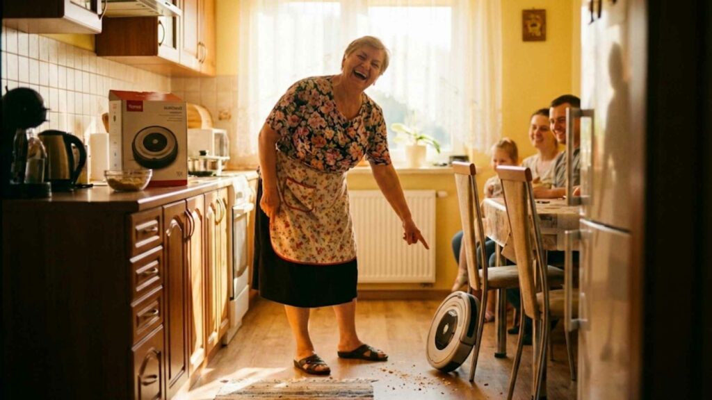 Praktyczny babci – uśmiechnięta seniorka cieszy się z robota sprzątającego ułatwiającego domowe porządki.