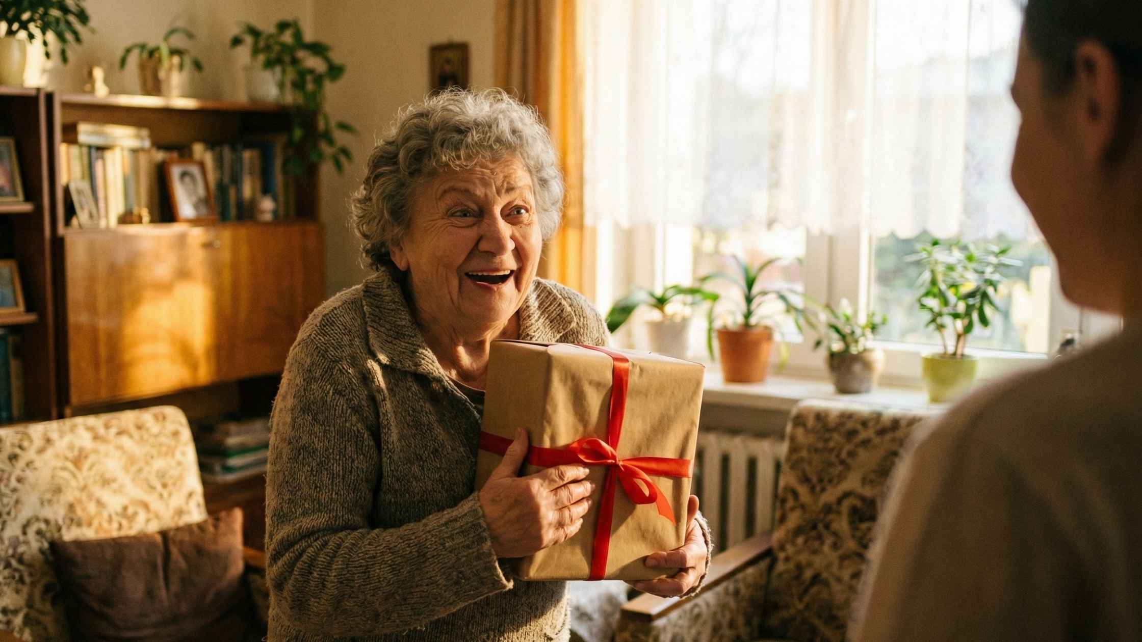 Szczęśliwa starsza pani otrzymuje upominek – pomysł na wzruszający prezent dla babci.
